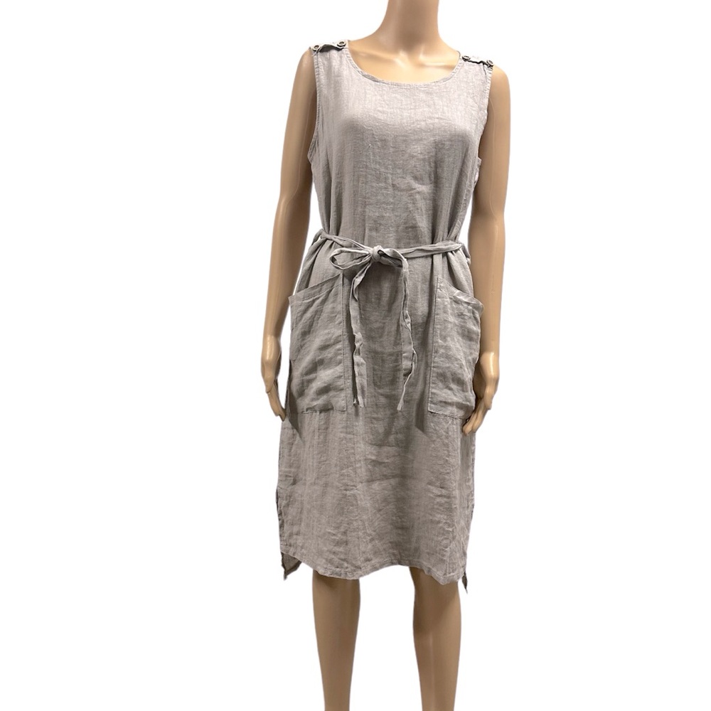 Linen Terzo Millenio Imported from Italy Gray Tie Belted Double Pocket Dress S